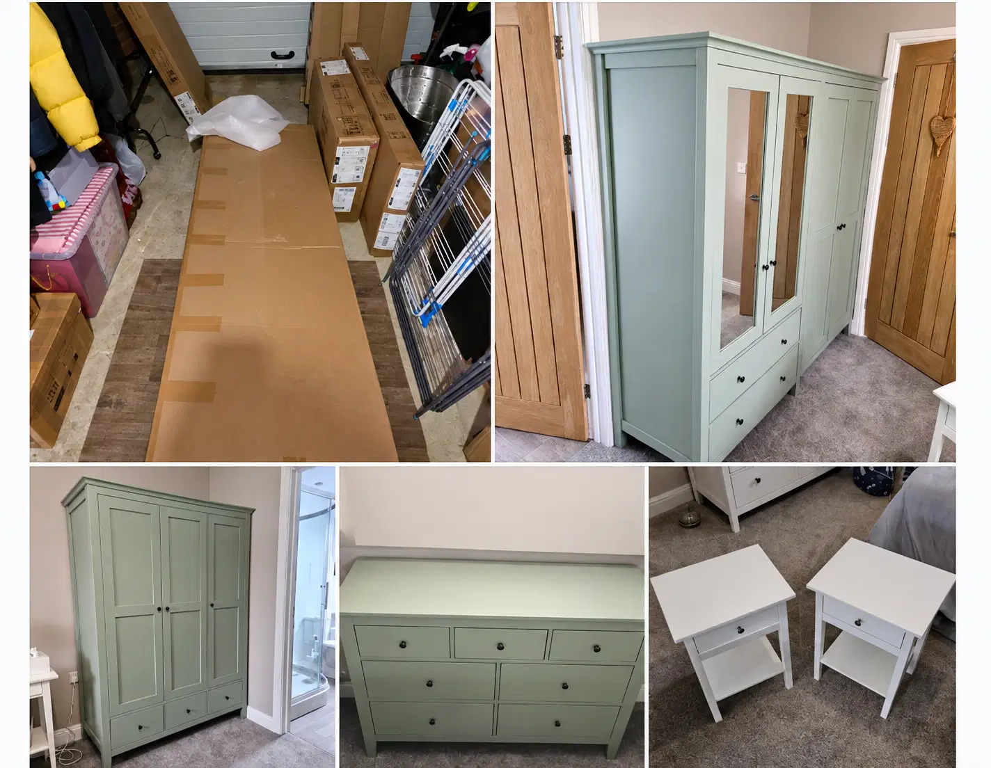 A flat-pack furniture project shown before and after assembly